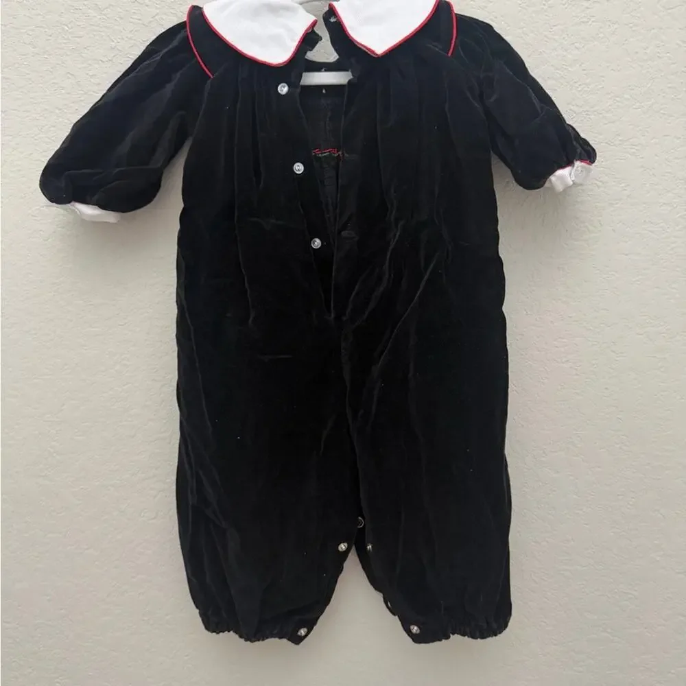 Baby Smocked Romper Black Velvet Floral Embroidery 12 to 18 Months Vintage Style